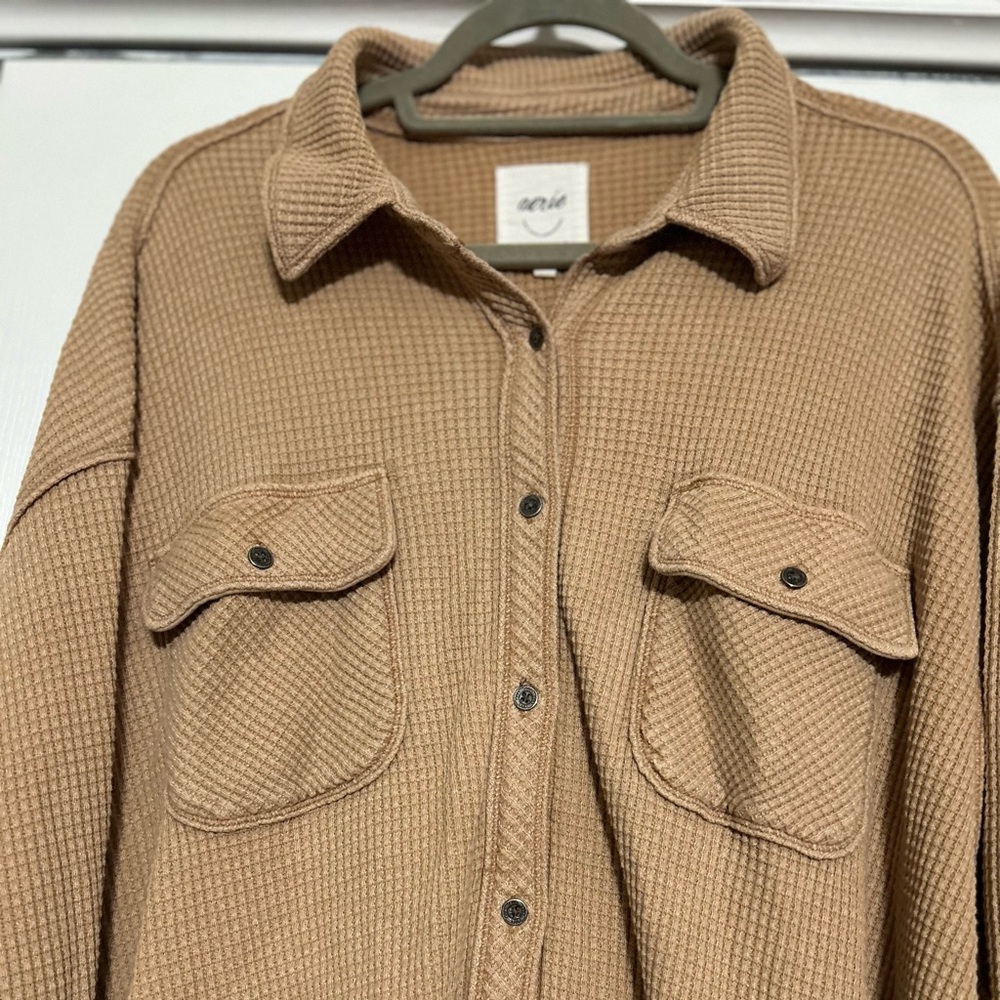 Aerie Waffle-Knit Button-Up Shacket in Camel XXL